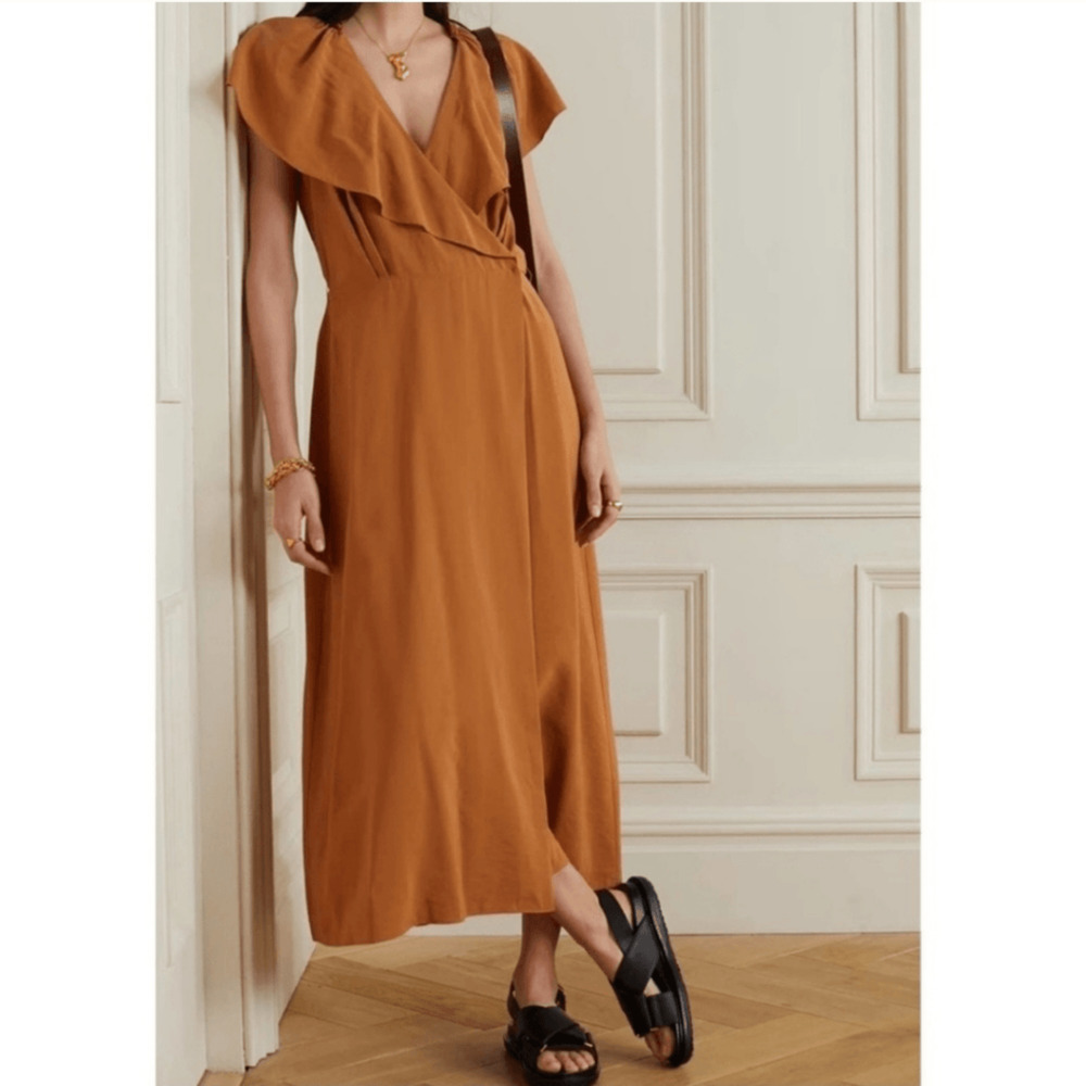 Vince Dress Sz XXS Brain Trim Flutter Sleeve Wrap Dress Copper Brown Tan